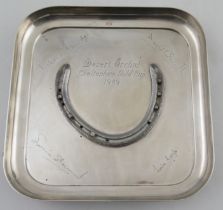 Desert Orchid, A square silver tray, mounted with one of Desert Orchids racing plates and engraved