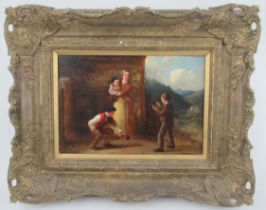 William Bromley, oil on board, child playing with a ball outside a building, 10.5ins x 15.25ins,
