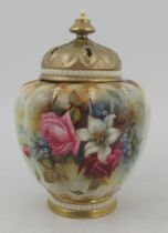 A Royal Worcester vase, with associated restored cover, richly painted with flowers by Blake,