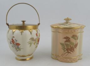 A Royal Worcester blush ivory quarter lobbed covered biscuit jar, decorated with ferns, height 7.