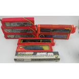 Three boxed Hornby Railways trains, together with two boxed Tri-ang Hornby trains and a boxed