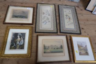 A collection of Antique and later prints together with framed oriental silks