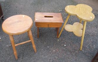 A two tier trefoil table, together with a stool and a small box on legs with hinged top