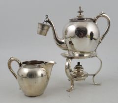 A Dutch silver tea kettle on stand, with burner, together with matching strainer and milk jug, maker