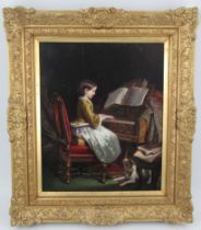 Josef Neugebauer, oil on board, young girl playing a piano, 18.75ins x 14.25ins, with Haynes Fine