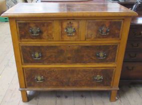 An Antique walnut chest of three long drawers, 36ins x 16.5ins, height 33ins