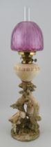 A Royal Worcester blush ivory oil lamp, modelled with Kate Greenaway figures shape No. 1240, with