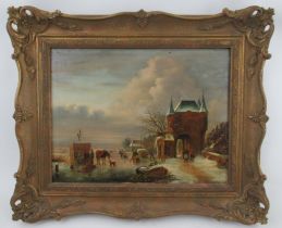 A 19th century oil on board, a frozen lake with figures, a stall flying the Dutch flag with