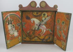 James Martin, a wooden triptych decorated with St George and the Dragon, height 17ins
