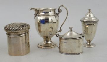 Four pieces of English silver, a jug, mustard pot, salt pot and dressing table pot, weight 9oz