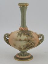 A Royal Worcester ovoid blush ivory vase, decorated with a landscape highlighted in gilt, shape No