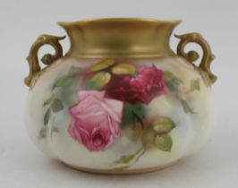 A Royal Worcester quarter lobe shallow vase, decorated with roses by K H Blake, having scrolled