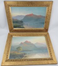 L Leroux, pair of oil on paper, sunlight highland landscape with water, 12ins x 18ins