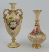 A Royal Worcester blush ivory vase, decorated with flowers by Hale, with ornate gilt handles,