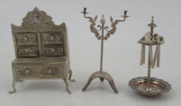 Three Dutch silver miniature models, a dresser fitted with drawers, a floor standing candelabrum and