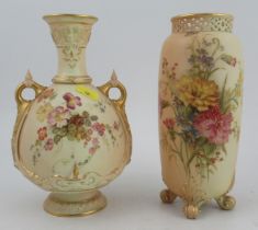 A Royal Worcester blushed ivory vase, decorated with flowers, with gilt handles, height 9ins,
