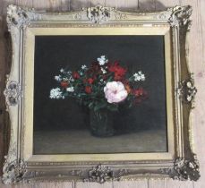 In the manner of H Fantin Latour, oil on canvas, still life of flowers, 17ins x 19ins