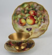 An Ansley cabinet cup and saucer, decorated with fruit to a mossy background, together with a