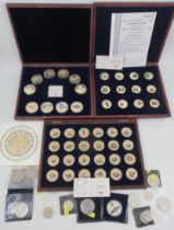 Three cased enamel and gilt coin sets, together with other commemorative coins