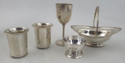 A Dutch silver oval basket, with swing handle and bead edge, together with two Dutch silver beakers,