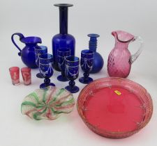A collection of Antique coloured glass, to include five Bristol blue glasses with white and gold
