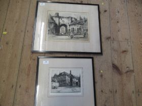 An Antique signed etching, of the Mermaid, Rye Sussex, together with another etching of the Landgate