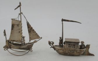 Two Dutch silver miniature models, one of a boat with sails, the other with boat with cabin