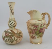 A Royal Worcester ivory jug, with moulded body decorated with flowers, shape No 1652, height 9ins,