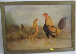 H Reode, oil on board, cockerel and hen in landscape, 13ins x 19.25ins