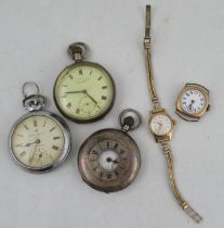 Two silver cased pocket watches, together with an Ingersol pocket watch and two wrist watches