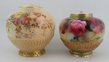 Two Royal Worcester Pot pourri, lacking outer covers and one associated inner cover, the one blush