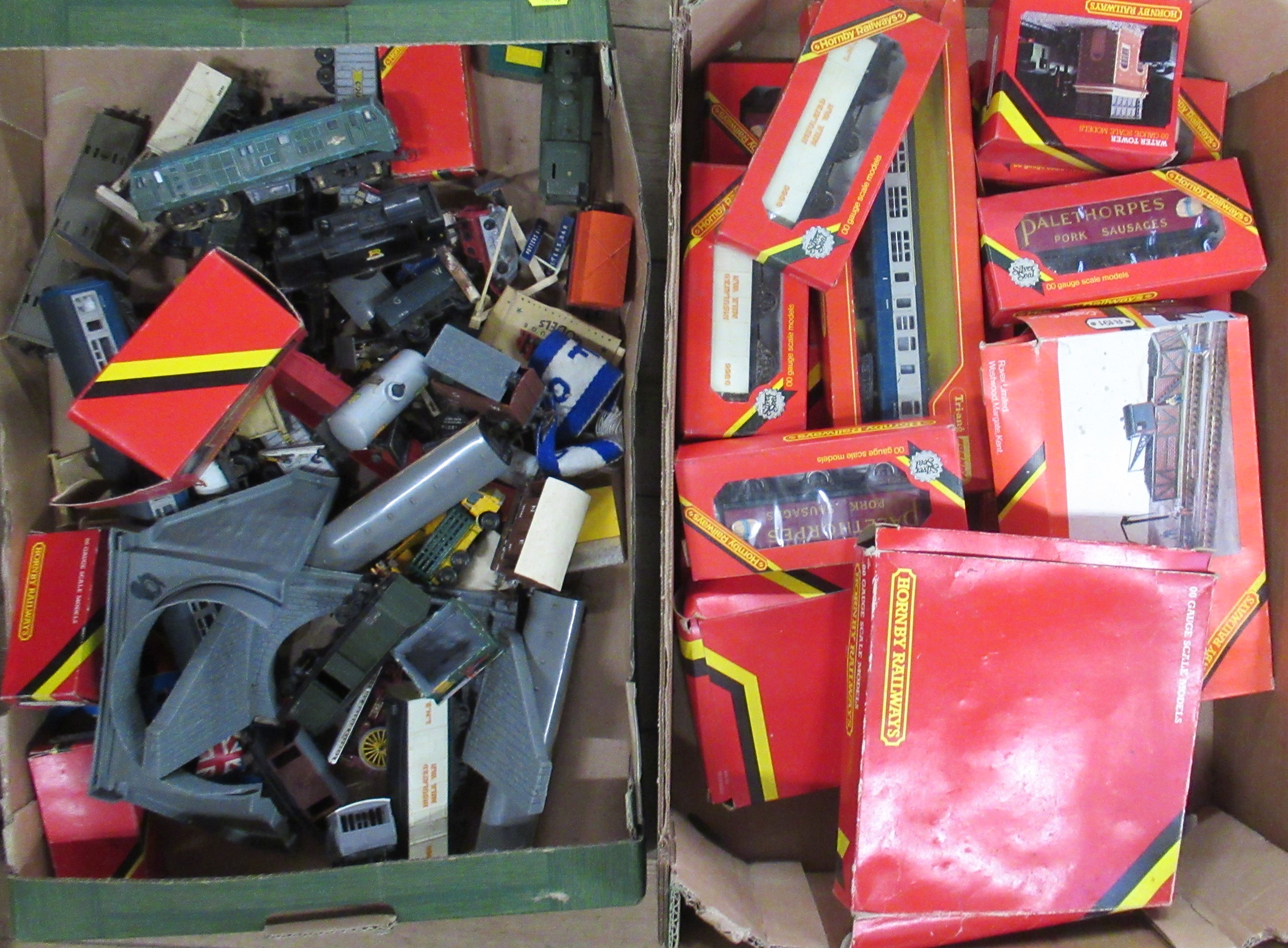 A collection of Hornby boxed rolling stock and carriages, together with other items