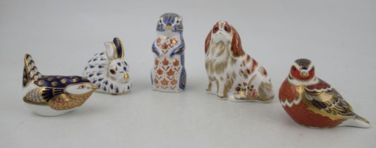 Five Royal Crown Derby paperweights, a chipmunk, a rabbit, two birds and a King Charles Spaniel