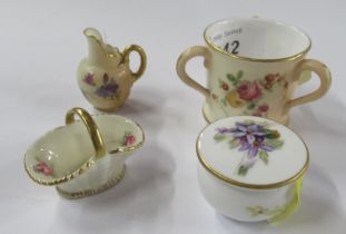 A Royal Worcester blush ivory tyg together with a miniature flat back jug, and patch box decorated