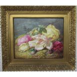 A 19th century Victorian painted rectangular porcelain plaque, decorated with roses, signed AB 1888,