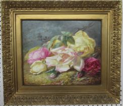 A 19th century Victorian painted rectangular porcelain plaque, decorated with roses, signed AB 1888,