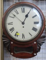 A 19th century mahogany drop dial wall clock, with mother of pearl inlay and carved decoration,