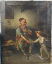 A 19th century oil on canvas, interior scene with old man and boy, unframed, 19ins x 14.5ins