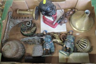 A collection of metalware to include Scottish models, bell, brackets etc