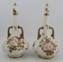 A pair of Royal Worcester glided ivory quarter lobed vases, decorated with flowers and shot silk