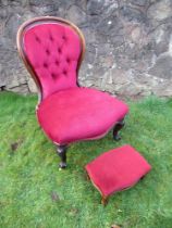 A Victorian show wood easy chair together with a stool