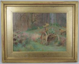 George Marks, watercolour, a water bowser by a pump with sheep in a wooded landscape, signed and
