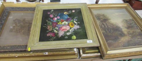 Five various pictures, including 19th century oil, signed, frames af