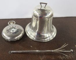 A silver bell inkwell, together with a pocket watch and swizzle stick
