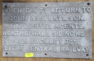 Great Central Railway plaque, return explosive to John Ashbury & Son, 7ins x 10.5ins