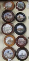 Ten 19th Century Pratt ware pot lids in mounts to include two of the Great Exhibition of 1851,