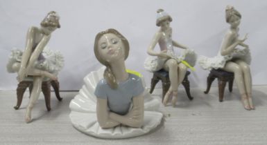 Three Lladro models, of seated ballerinas, together with another Lladro model Condition Report: