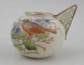 A Royal Worcester globular vase, decorated with a finch, with a pierced anthemion handle, probably