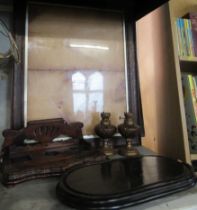 Two oak picture frames, a pair of small oil lamps, a dome base and a desk stand (CHT)