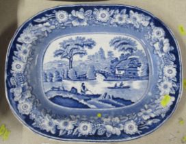 A 19th century blue and white meat plate, printed Wild Rose to back. diameter 15ins